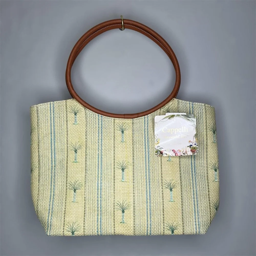 Capelli of New York Pale Yellow & Blue Woven Satchel with Brown Round Handles